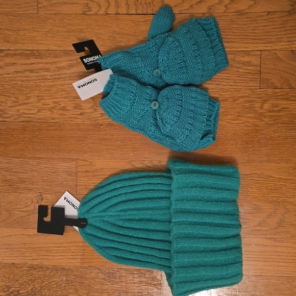 SONOMA BRAND WOMEN'S GREEN HAT & FLIP TOP WARM WINTER GLOVES ONE SIZE FITS MOST - Picture 1 of 10